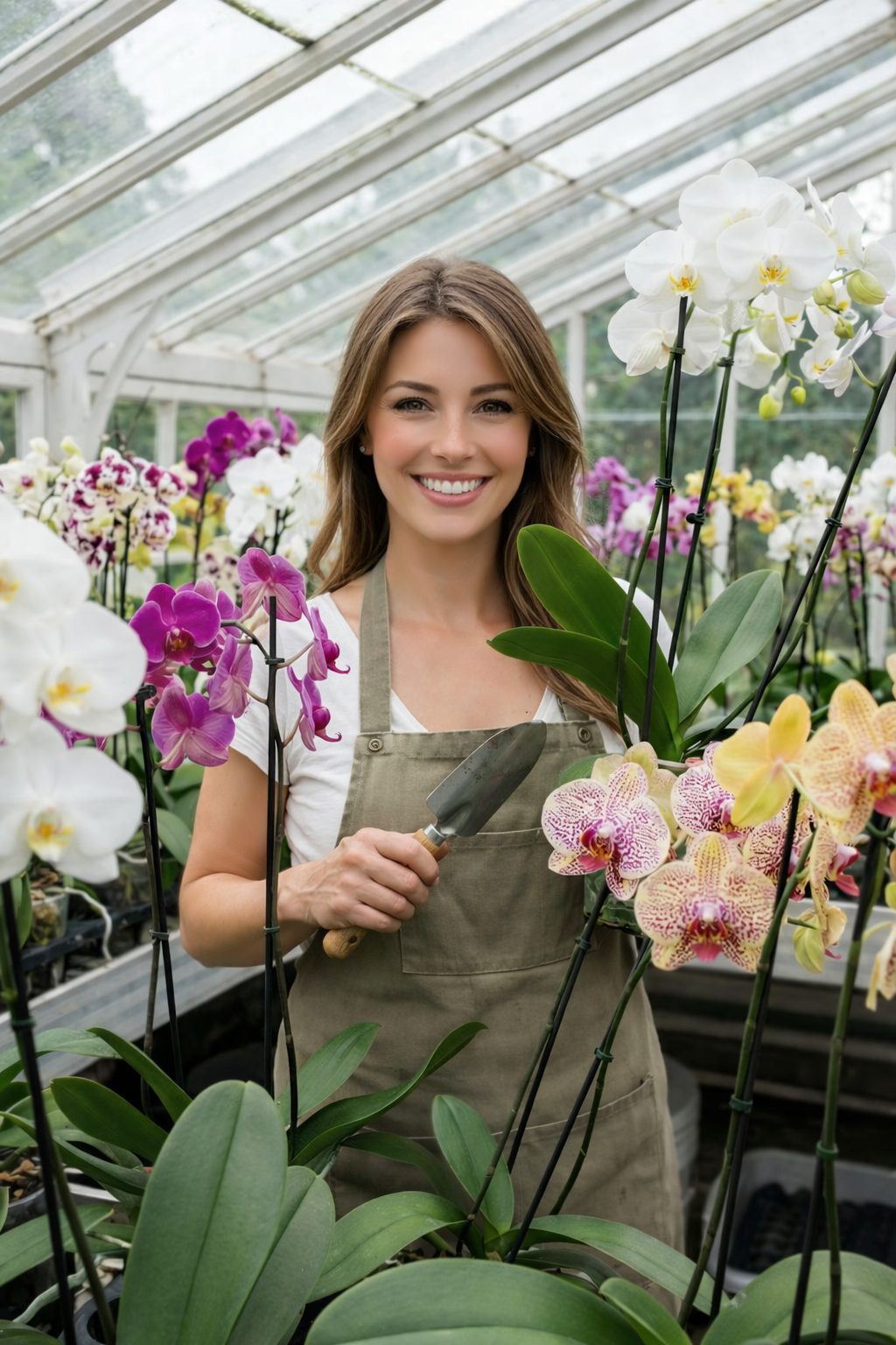 Especialista de OrchidVita cuidando orquídeas en un invernadero